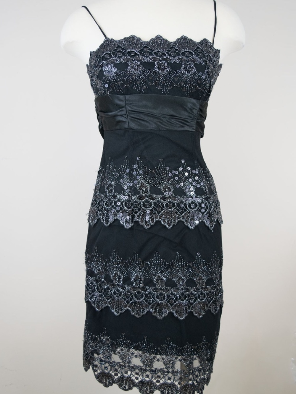 Josh & Jazz Black Beaded & Lace Cami Dress w/Satin Waist Tie Back Size 3/4